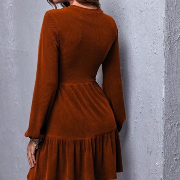 Rust Brown Ribbed Ruffle Mini Babydoll Dress - Picture 4 of 7
